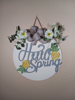 Hello Spring front door hanger, round wood wreath, front porch decor, front door hanging sign, spring floral wreath - image2
